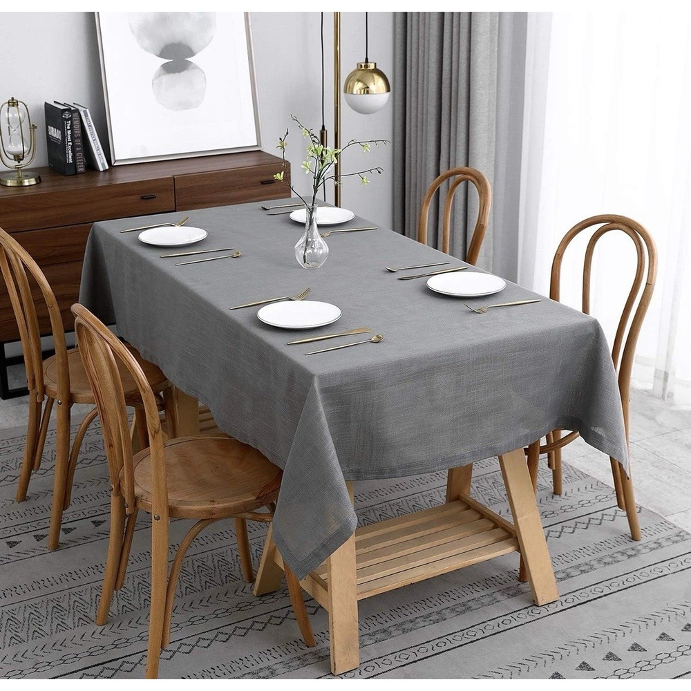 Maxmill‎ Lux Table Cloth 70" Round Textured Faux Linen Elegant Mitered Hem Gray